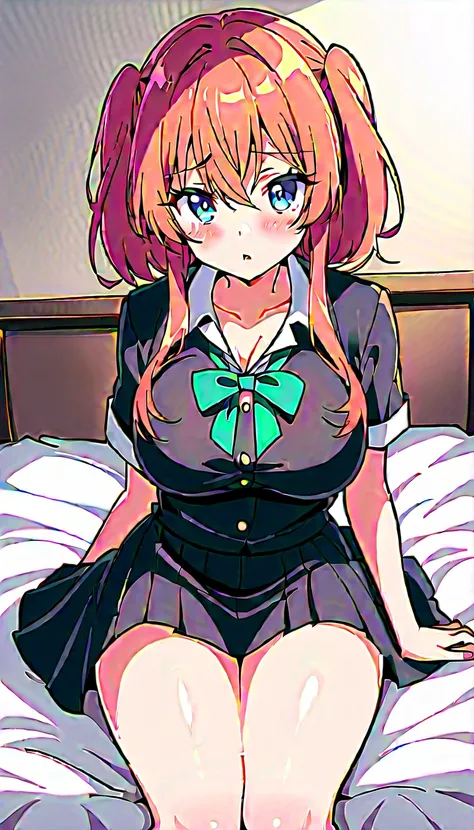 An anime girl with big boobs is sitting on a bed, a hyper現実的な high school girl, hyper現実的な high school girl, 現実的な high school girl,  sexy anime girl ,  Fleet Collection Style , かわいい high school girl, Naughty, [  4k digital art  ]!!,  high school girl, , Nau...