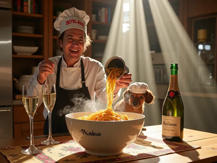 A whimsical scene of Chef Boyardee, with a jovial grin, dramatically pouring a can of spaghetti rings into a pristine white ceramic bowl labeled Phixdeaux on a polished kitchen counter. The kitchen is a blend of luxurious and rustic elements, featuring gle...