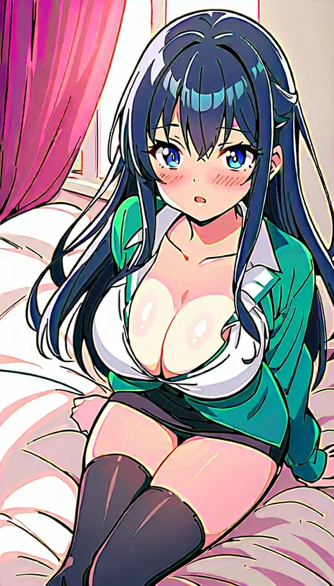 An anime girl with big boobs is sitting on a bed, a hyper現実的な high school girl, hyper現実的な high school girl, 現実的な high school girl,  sexy anime girl ,  Fleet Collection Style , かわいい high school girl, Naughty, [  4k digital art  ]!!,  high school girl, , Nau...