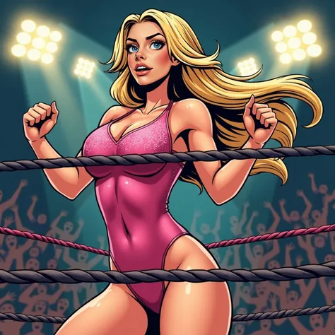 2 female wrestlers,  Jeannie has Blonde hair, hazel eyes, is athletic and lean is 56 and wears a pink leotard,  is attempting to grab daisy, who has blonde hair tied in a high pony tail,  is 57, wears red bra and panties,, green eyes,  strong and curvy bod...