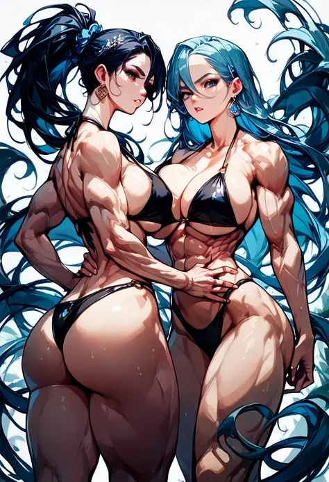  two women,One has long dark hair , one has long light blue hair((((( with very big breasts ))))),((((( with very big breasts ))))), black bikini,((((muscle)))),(( big butt))