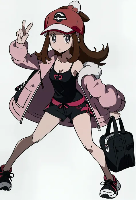 a woman in a pink jacket and black shorts holding a black bag, marin kitagawa fanart, female protagonist, anya from spy x family, female protagonist 👀 :8, pokemon trainer outfit, official character art, official art, official artwork, mai yoneyama, pokemon...