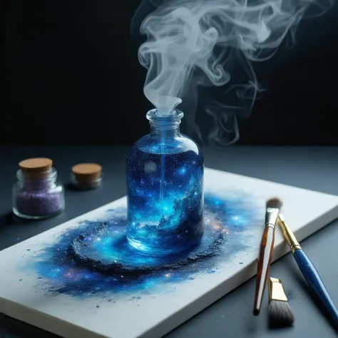  stands on the table in a small carved , The magic water in the Bottle Galaxies are visible and mysterious magical smoke emanates from the bottle, A beautiful refilled Perfume Bottle , The Bottle Sprays Paint ,  onto the White Canvas and Draws on it the St...