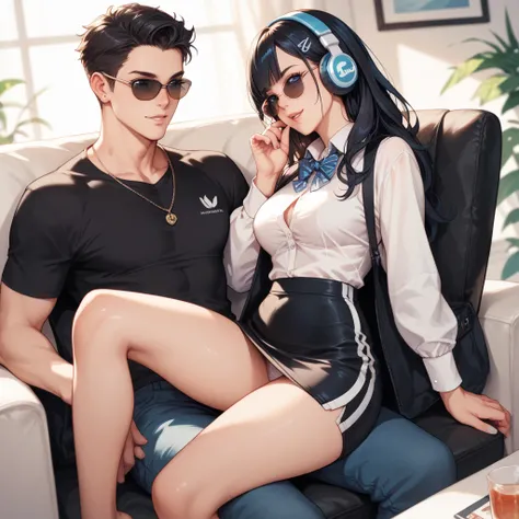 A black-haired girl with blue sitting sexy on the legs of a black-haired boy headphones sunglasses and businessman clothes 