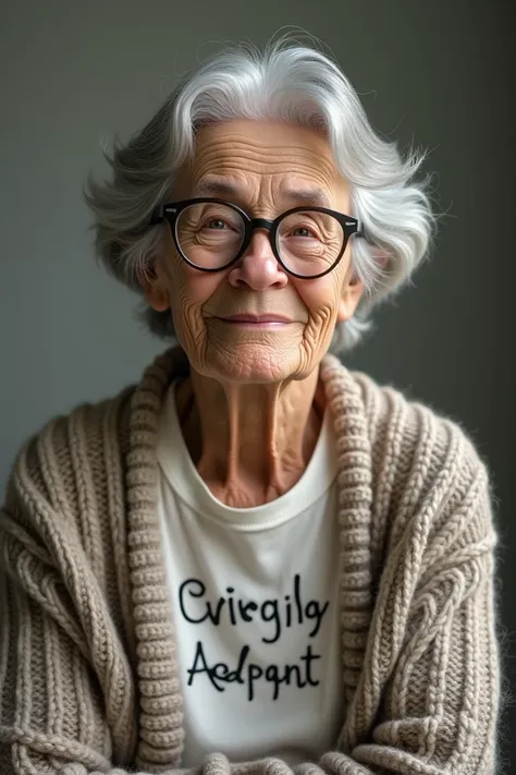 An older woman wearing glasses and a sweater with a shirt that says old