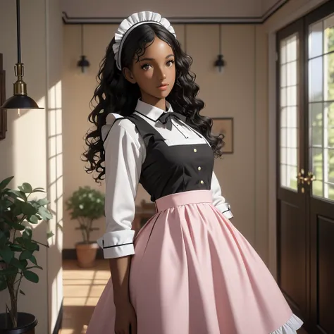 Beautiful, woman with long curly black hair, light brown skin, nubian nose, full lips, brown eyes, and black bunny ears, standing in a suburban home, maid outfit, Solo, High Resolution, Masterpiece, Anatomically Correct, Accurate, Best Quality, Expert Ligh...