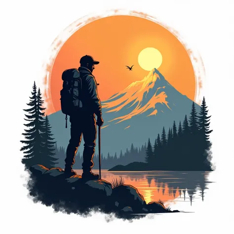  vector t-shirt design ready to print, adventure scene with explorer, with beautiful evening sun and mountain in the background, clean white background, professional vector, Full shot, 8k resolution, Deep print illustration, ACCENTUATED ORANGE COLOR 