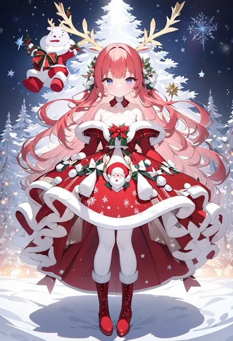 chibi, fashion dresses by the latest designers that combine Christmas-related elements such as Santa Claus, reindeer, fir trees, and the Star of Bethlehem, red thigh-high boots, cool beauty, white shiny silky messy half updo, amorous and lewd expression, c...