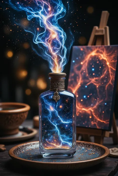   Beautiful In Iron Braid With a cap and a perfume sprayer, the bottle stands on the table in small carved Magic Water in the Bottle Galaxies are visible and from the bottle The paint inside it is sprayed onto the Canvas That stands on the Stand, A beautif...