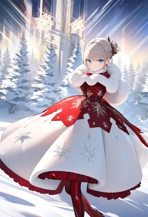 chibi, fashion dresses by the latest designers that combine Christmas-related elements such as Santa Claus, reindeer, fir trees, and the Star of Bethlehem, red thigh-high boots, cool beauty, white shiny silky messy half updo, amorous and lewd expression, c...