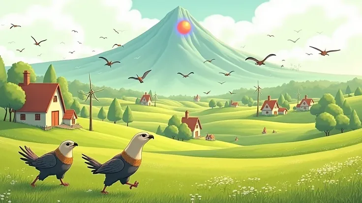 a landscape full of grass, there are some few trees in the scene, there are few animals like raptor but they have fur, there are few small village houses in the scene, there are few windmill in the scene, a big mountain at the far with a star-like sphere o...