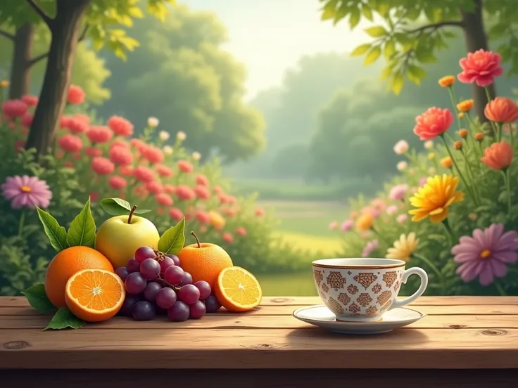 a patterned coffee cup, placed in the lower right corner of a wooden table, surrounded by various fruits, next to a flower garden