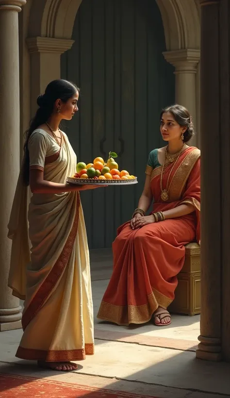 A daasi in a simple, faded cotton saree enters the room holding a silver tray with fruits. She looks humble and respectful, while the queen sits with a calm, commanding presence.

