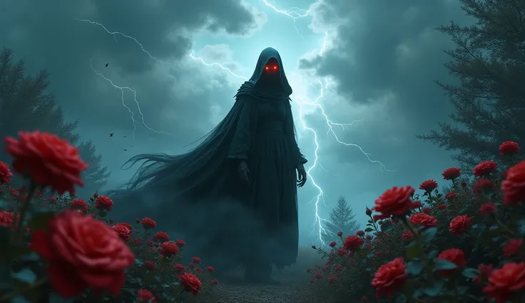 The witchs arrival
"A dark, menacing witch with a long cloak and glowing red eyes, appearing suddenly in the rose garden. A swirling storm with dark clouds and lightning begins to form behind her."
