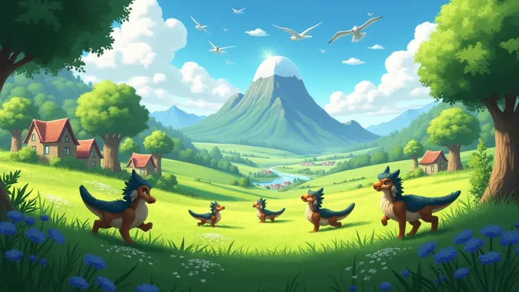 a landscape full of grass, there are some few trees in the scene, there are few animals like raptor but they have fur, there are few small village houses in the scene, there are few windmill in the scene, a big mountain at the far with a star-like sphere o...