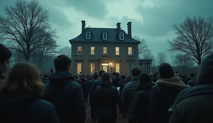  A scene outside Enfields house ,  surrounded by a crowd of journalists with old cameras,  reporters with notepads ,  curious people pointing and whispering , and ren watching from afar .  The house looks bleak ,  with windows that reflect an uncanny light...