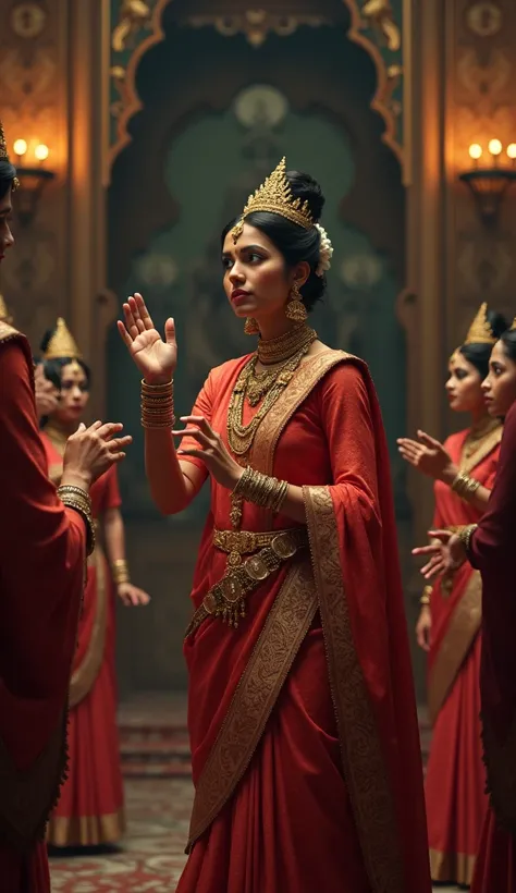 The indian queen raises her hand gracefully while giving orders to the daasi. The background includes a wall with traditional Indian art and a dimly lit lamp.