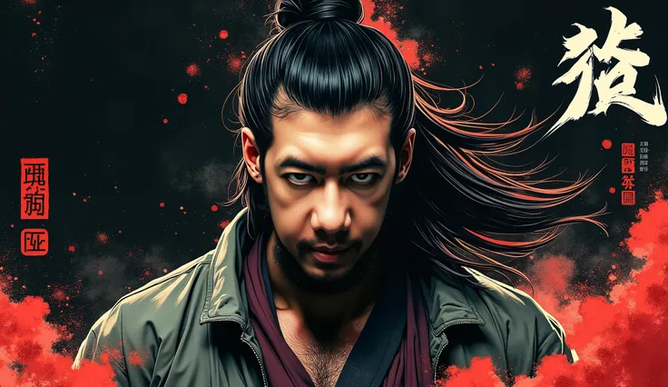 Create a detailed digital painting of a man with long, flowing hair tied in a topknot, facing forward. The artwork should blend traditional ink painting elements with modern digital techniques to achieve a dynamic and expressive effect. Use a predominantly...