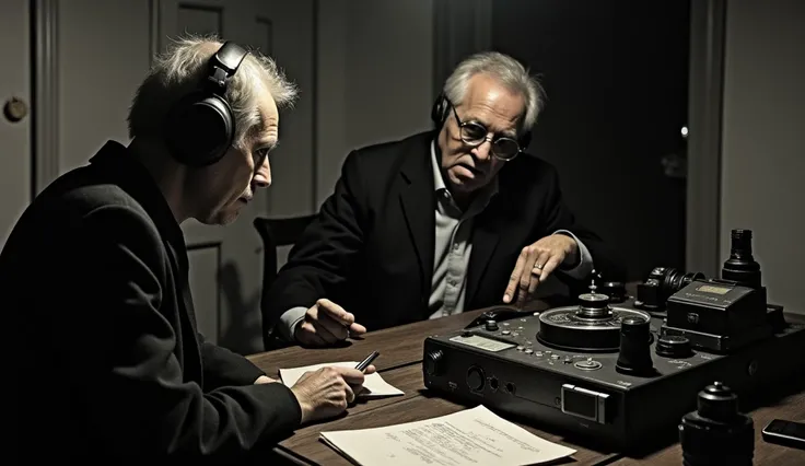  Maurice Grosse and Guy Playfair in a dimly lit room , with a roll recorder ,  old cameras and notes scattered on a table .  One of them is with headphones ,  listening attentively to the sounds captured ,  while the other points to a chair that seems to b...