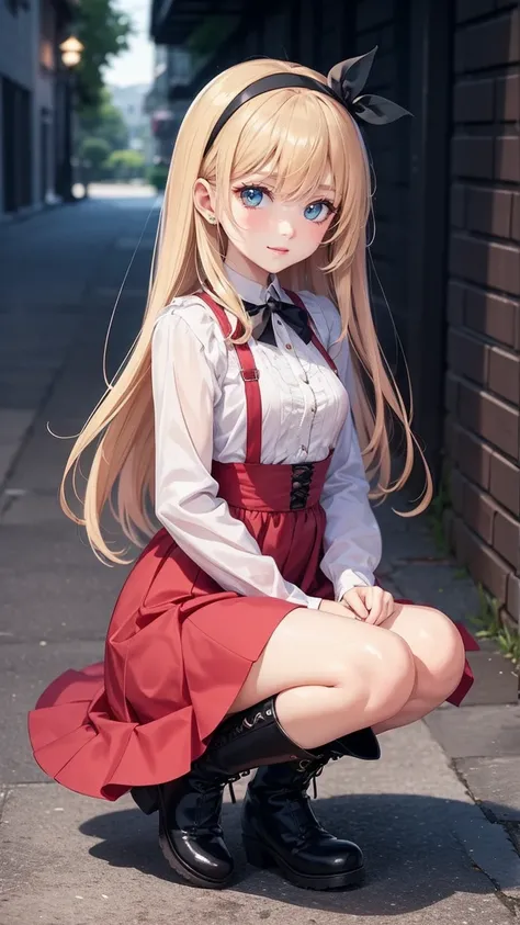    anime style、story、、   cute女の子 、とてもcute天使、   pink gothic dress  、cute、baby face、smile、   Long Skirt  、    black boots 、Very cute headband、 golden hair 
