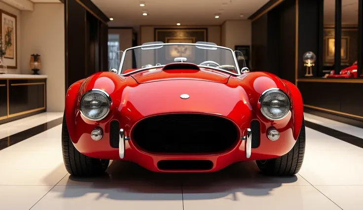 A Sleek And Full HD Realistic Classic Shelby AC Cobra A Red Exterior And Parked In Luxurious Showroom And Close Front View And Fully Modified Front Bumper 