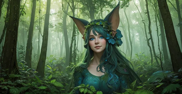 A forest nymph made from dense fog, surrounded by mist and lush vegetation. Large thick lips. Huge blue eyes. Elephantine ears. Look of ecstatic joy. joyful pose. In the style of Brian Froud
