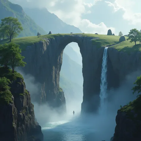 a cliff overlooking a waterfall, several arch-shaped stones at the top, matte painting 8k, matte paint 8K, vertical wallpaper 8K, vertical wallpaper 8K, vertical wallpaper 4K, vertical wallpaper 4K, lost series, realistic fantasy rendering, digital paintin...