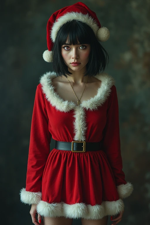 one woman black hair short haircut, eyes are red and blue, one-eyed, santa costume, knee highs, angle, full body in shot, shoot from a diagonal from top to bottom