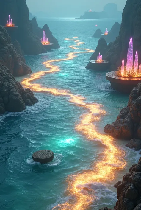 Radiant Ocean
A glowing ocean scene where the waves are made of liquid light, constantly shifting in hues of teal, pink, and gold. Floating on the surface are luminous islands with glowing plants and crystalline structures that pulse with energy.