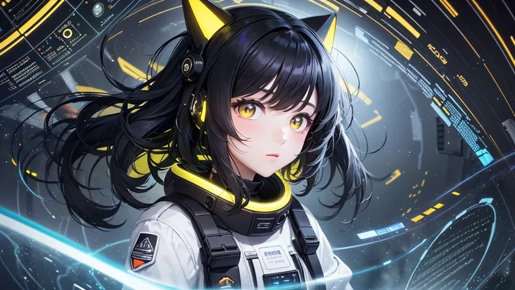 from future intelligence, technology background, complex mystery, unexpected variables, sudden result, strange things, transient waves, light fog, colorful signals, confident look, space black pioneer dress, yellow eyes, black hair