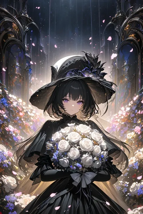 1girl,,face not visible,black Gothic dress,black hat,white bouquet,(holding white bouquet),standing,front,(black petals flying in profusion),Rain of petals,many petals,innumerable petals,petals floating in the air,Art Deco,Color Field painting,rococo style...