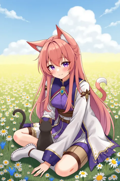 Draw a picture of a young woman with waist-length hair that is light red., Purple eyes like a galaxy, Wearing a Liyue style outfit in the game Genshin Impact, sitting in the middle of a vast flower field with two cats, the first one is a white cat., Two-co...