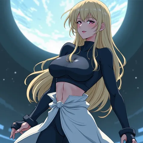 Physically fit woman with long blond hair and big breasts anime version 