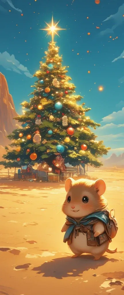 (Imagine a highly detailed and ultra-realistic fantasy scene in which an adorable, plump hamster, with soft, brown fur and expressive, beady eyes, is embarking on an epic adventure. The setting is a vast, mystical desert landscape under a cerulean sky, whe...