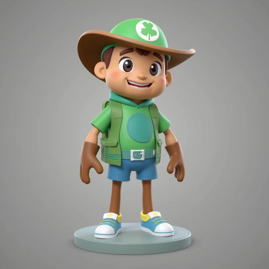 create a 3D character for an eco-friendly game and use green, blue and brown colour, only character 