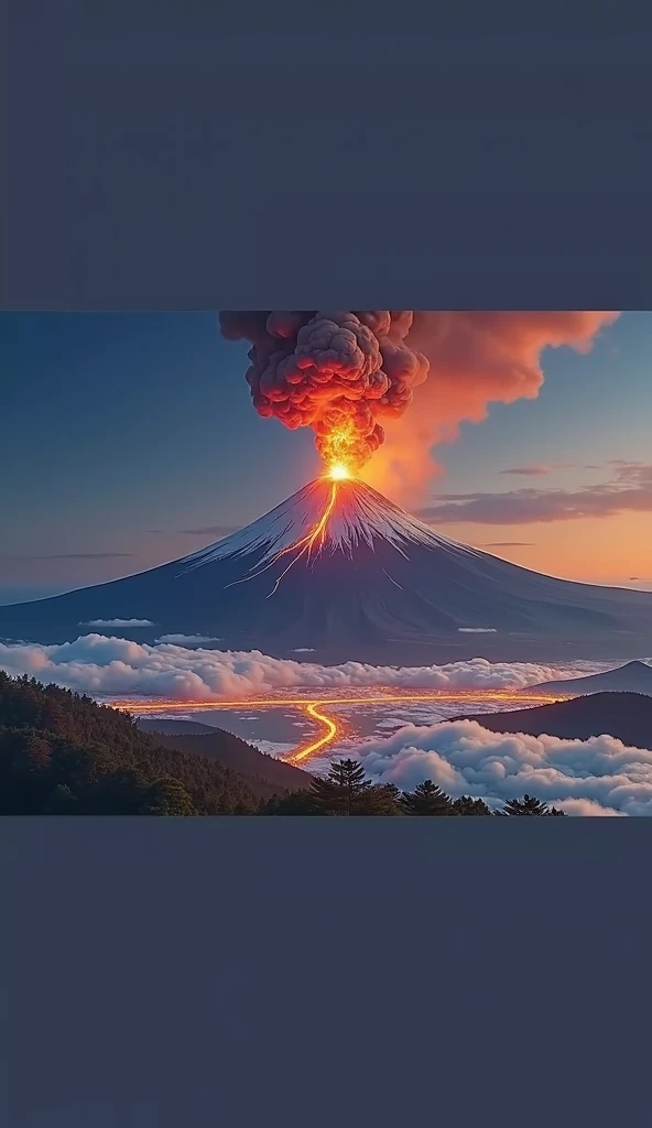 Mt. Fuji is a volcano 。 It is the largest mountain in Japan 。There was a major eruption 。 red magma is blowing out of the crater。 Please describe the mountain with only one