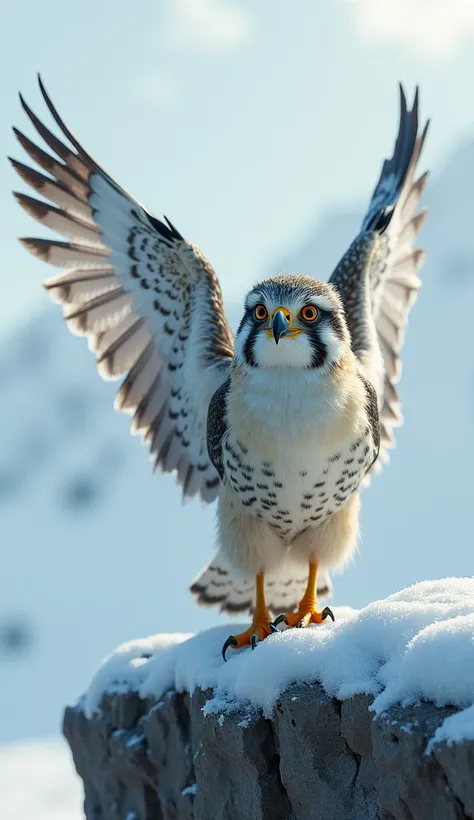 "Create a hyper-realistic image of a hybrid combining a baby falcon and a baby Arctic wolf on a snowy cliff. The hybrid has the body of a fluffy wolf cub with patches of falcon feathers covering its shoulders and back. Its face features a falcon’s sharp be...