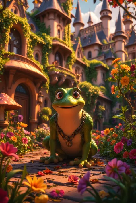 
a little frog living in the forest in a fairytale house, magic mushrooms, beautiful flowers around