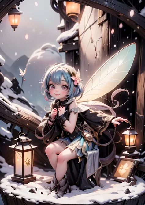 intricate fantasy fairy, cute fairy, smiling fairy, fairy with fluttering wings, fairy flying, fairy in snowy night scene, fantasy night landscape, glowing lanterns, magical atmosphere, digital art, concept art, cinematic lighting, vibrant colors, 8k, high...