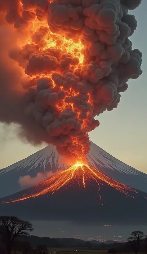 Mt. Fuji is a volcano 。 It is the largest mountain in Japan 。There was a major eruption 。 red magma is blowing out of the crater。 Please describe the mountain with only one。The smoke has the face of a dragon 。