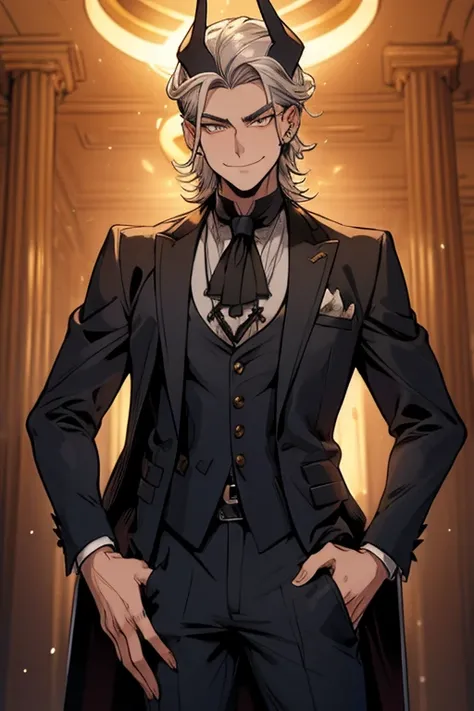 Perfect face. Perfect hands. A handsome silver haired man with golden eyes and golden horns in a Gothic suit is smiling while posing in a Gothic ballroom