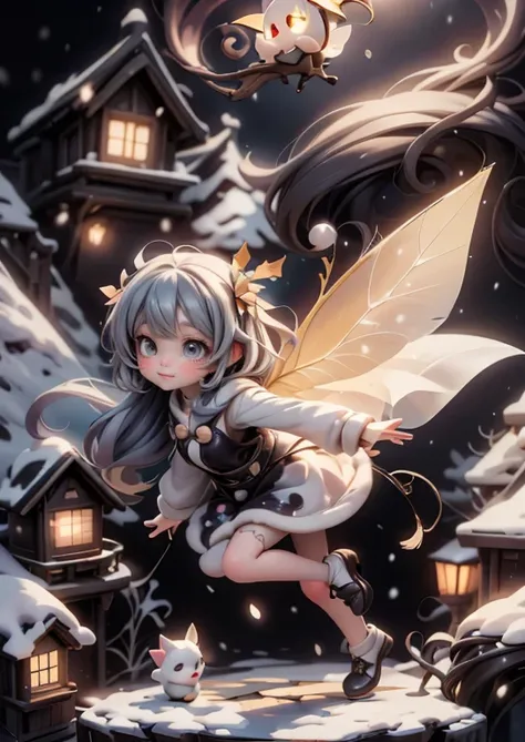 A cute christmas tiny fairy flying, fluttering wings, falling snow, lamterns, fantasy art style, magical atmosphere, night time, night scene,
