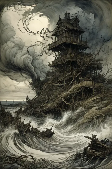 strong Tornado Storm, by Arthur Rackham.
best quality, masterpiece, intricate details, ultra-detailed