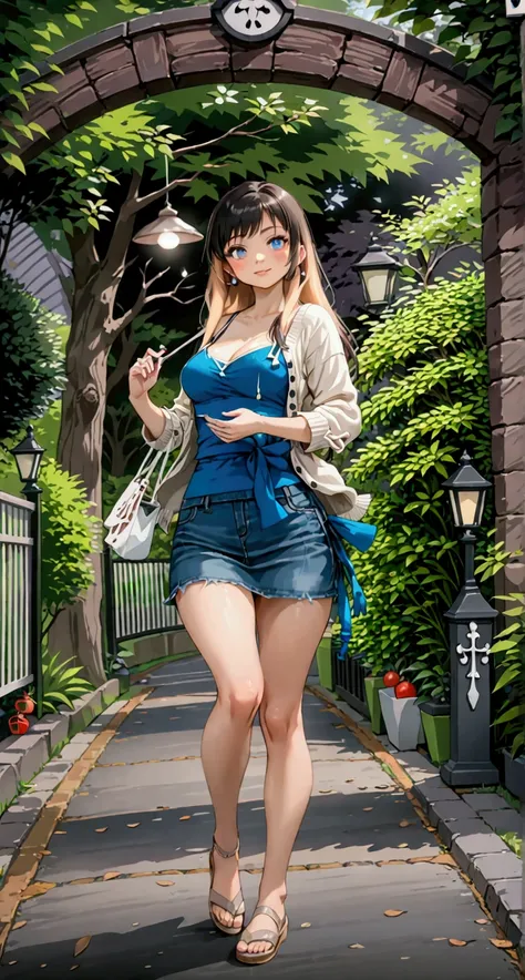 pretty woman, smiling, standing posed at green park, (black long straight hair), wears  blue-gray 3/4 sleeves cardigan (+tied waist), gray camisole, denim pencil mini skirt, beige sandals, BREAK, (1girl, solo, full body), (best quality,4k,8k,highres,master...