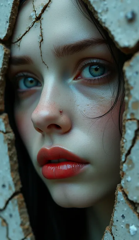 a close up of a womans face with a cracked wall, cracked porcelain face,  red lips, amazing digital art, stunning digital art, super detailed face and eyes,Tears, Facial Hair, Multicolored Eyes, 