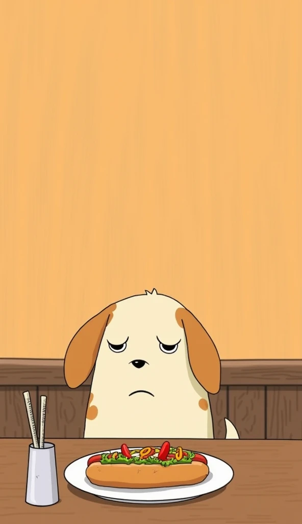 A single dog illustrated in Studio Ghibli style, sitting at a wooden table and looking deeply sad at a plate of hot dogs. The scene features soft pastel tones and a hand-drawn texture, with a warm orange and gentle woodgrain background. On the table, there...