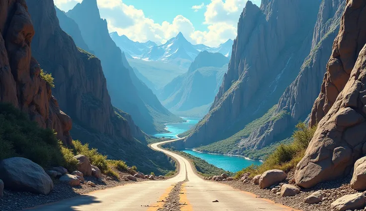 (In cinematic 3D cartoon style) a close up of a mountain road with a huge gap across the way. (no vehicals or people)