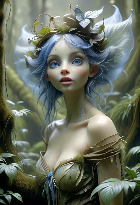 A forest nymph made from dense fog, surrounded by mist and lush vegetation. Large thick lips. Huge blue eyes. Elephantine ears. Look of ecstatic joy. joyful pose. In the style of Brian Froud
