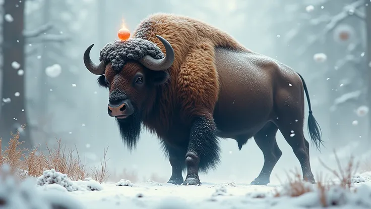 a great buffalo, the environment is snowy and full of snow, a shiny sphere is on the buffalos horn, genshin-style, oilpaint-style, concept art.