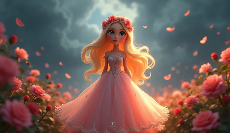 the Rose Princess 
Rosie is a magical princess baby blue eyes long blond wavy hair wearing a red roses crown and wear a red princes gown with a radiant and ethereal beauty. Her soft pink gown flows like rose petals, shimmering with golden hues under the su...